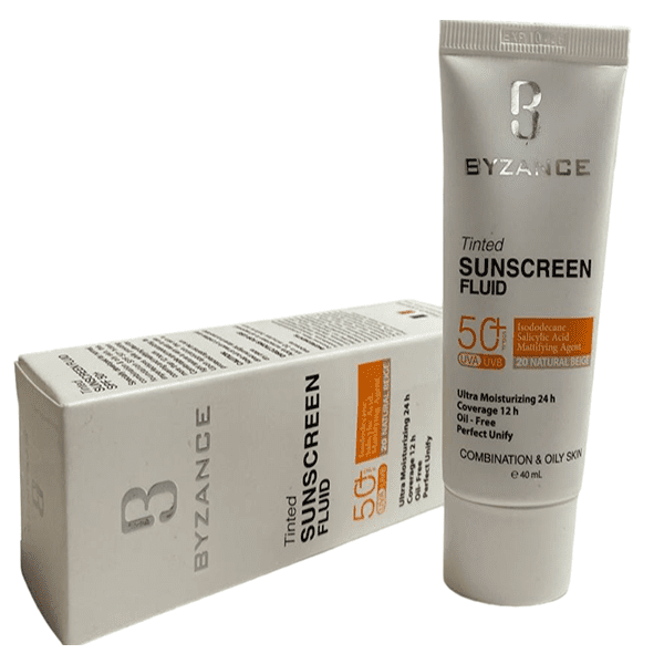 فلوئید ضد آفتاب رنگی +SPF 50 پوست خشک بیزانس نچرال بژ روشن
