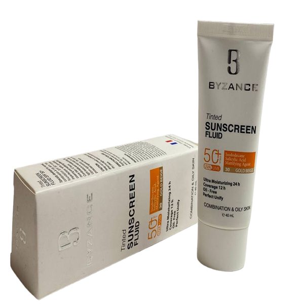 فلوئید ضد آفتاب رنگی +SPF 50 پوست چرب بیزانس نچرال بژ طلایی روشن